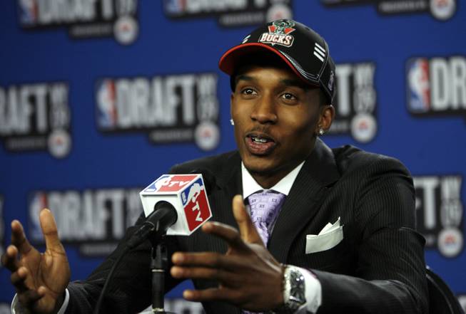 Brandon Jennings takes questions in the interview room after being selected by the Milwaukee Bucks in the first round of the NBA draft Thursday in New York City