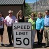 From left, RTC General Manager Jacob Snow, state Sen. Mike Schneider (D-Las Vegas), transportation department Director Susan Martinovich, state Sen. Shirley Breeden (D-Henderson), state Sen. Joyce Woodhouse (D-Henderson) and cyclist Zane Marshall pose with a 50 mph speed limit sign at the State Route 159 Safety Speed Zone celebration in July 2009.