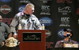 Brock Lesnar tells his competitor Frank Mir that he better be prepared for their fight during a news conference for UFC 100 at Mandalay Bay Thursday, July 9, 2009. UFC 100 takes place Saturday, July 11th at the Mandalay Bay Events Center.  