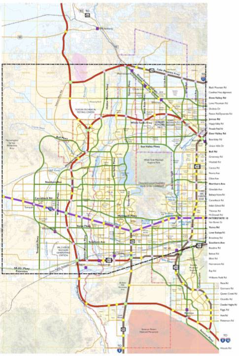 The proposed Hassayampa Freeway through the western Phoenix suburbs is outlined in red along the left of the map.