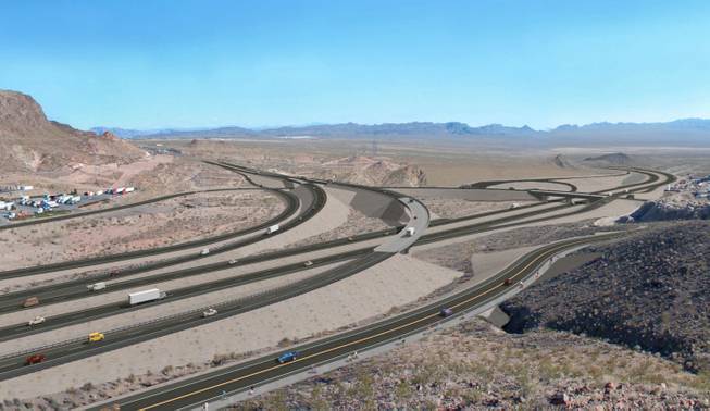 This artist's rendering shows what the redesigned interchange of Boulder City Bypass and U.S. 93 would look like at Railroad Pass. Railroad Pass Casino is at left. If U.S. 93 is designated an interstate between Las Vegas and Phoenix, the bypass route would become part of the interstate, officials say.
