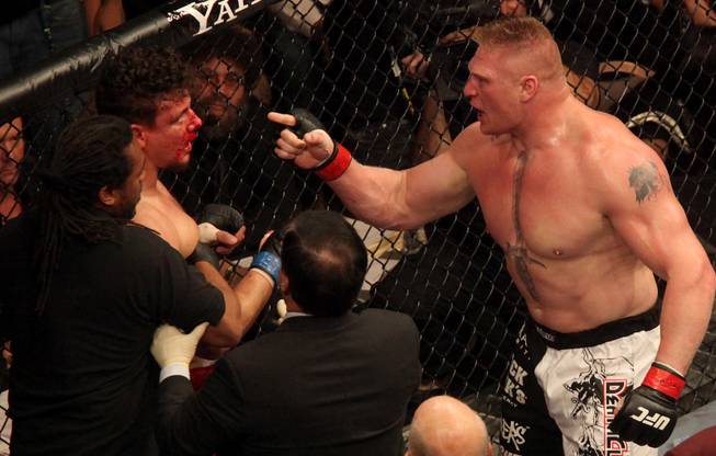 Brock Lesnar gets in Frank Mir's face after defeating Mir in their heavyweight title fight at UFC 100 at Mandalay Bay on July 11, 2009. Lesnar won with stoppage in the second round.