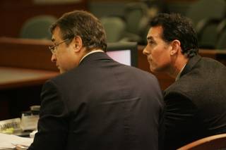 Danny Tarkanian, right, and his attorney, Gus Flangas, listen to testimony from state Sen. Mike Schneider (D-Las Vegas). Tuesday was the first day of a civil trial resulting from a lawsuit filed by Tarkanian against Schneider claiming defamation during the 2004 senate campaign. 