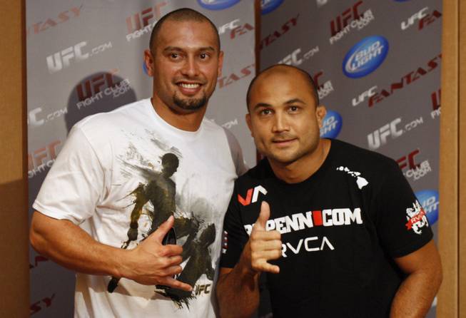Fighters with the Ultimate Fight Championship hold workouts at the Loews Hotel in Center City Philadelphia on Wednesday afternoon August 5, 2009. Pictured at left is Philadelphia Phillies Shane Victorino with ultimate fighter BJ Penn. Penn is a lightweight fighting out  of Hilo, Hawaii. Victorino attended workouts for Penn to show his support.