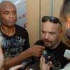 Anderson Silva holds a pretend microphone during interviews with the media in Philadelphia, Penn.