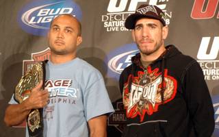 UFC competitors BJ Penn (left) and Kenny Florian (right) pose together following the press conference in advance of Saturday's card at the Wachovia Center.