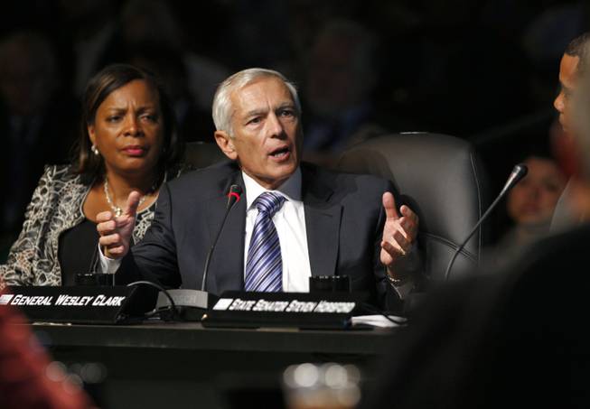 Ret. Gen. Wesley Clark, center, co-chairman of Growth Energy, speaks during a roundtable discussion at the National Clean Energy Summit 2.0 at UNLV on Monday. Rose McKinney James of the Energy Foundation Board listens at left. 