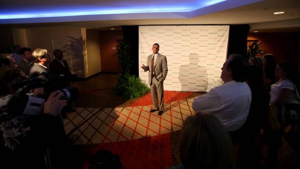 Monte Carlo President Anton Nikodemus addresses the media Tuesday at the new HOTEL32 located on the Monte Carlos top floor.