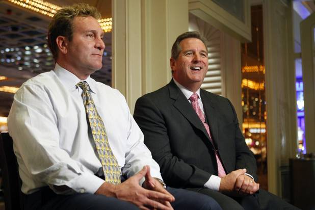 Don Marrandino, left, and Rick Mazer talk with Las Vegas Sun columnist John Katsilometes during an interview at the Flamingo.  Marrandino will be leaving his post as president of five Harrah's hotels on the Strip and heading to an expanded role for Harrah's in Atlantic City. Rick Mazer, currently Indiana regional president and general manager of Horseshoe Hammond and Horseshoe Indiana, will succeed Marrandino as regional president of Harrah's Las Vegas, Flamingo, Imperial Palace, Bill's Gamblin' Hall and O'Sheas. 