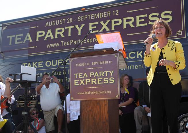 Sharron Angle, a Republican candidate for the U.S. Senate, speaks during a "Tea Party Express" rally Aug. 31 at the Las Vegas Sports Center. 
