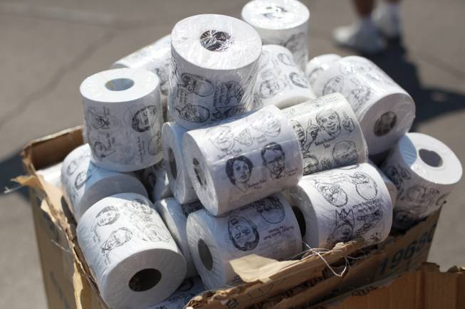 Rolls of toilet paper are shown for sale during the "Tea Party Express" rally Monday at the Las Vegas Sports Center. 