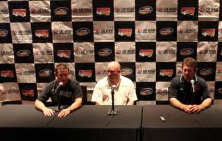From left: Racers, Ricky Carmichael, Todd Bodine, and Mike Skinner answer questions Thursday at the Hard Cafe on the Strip. The Las Vegas 350 Nascar Camping World Truck Series race will be held at the Las Vegas Motor Speedway Saturday.