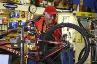 After moving to Boulder City four years ago, Don Sanders, 62, whose passion is cycling, spends his afternoons repairing bicycles while working part-time at B.C. Adventure Bicycles.
