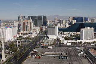 A view of the Las Vegas Strip during the official opening of Cloud Nine, the world's largest helium-filled, land-tethered balloon, Thursday, Oct. 8, 2009. 
