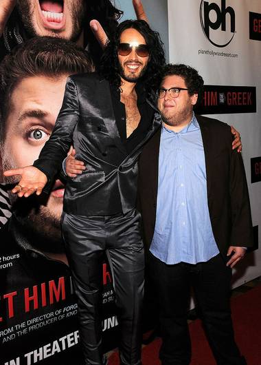 Russell Brand and Jonah Hill on the Get Him to the Greek red carpet at Planet Hollywood on May 20, 2010.