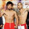 
Manny Pacquiao, left, and welterweight champion Miguel Cotto pose after their weigh-ins Friday at the MGM Grand Garden Arena. 