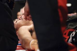 Filipino boxer Z Gorres is shown after collapsing in the ring at the Mandalay Bay in Las Vegas, Nevada November 13, 2009. Gorres won his bantamweight bout against Luis Melendez but collapsed as he tried to exit the ring.