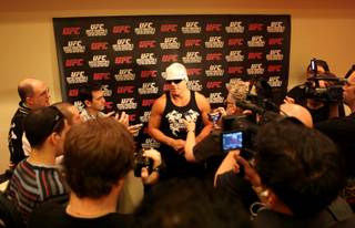 Tito Ortiz answers questions Wednesday during open workouts at Mandalay Bay in preparation for his fight at UFC 106 Saturday where he will take on Forrest Griffin.