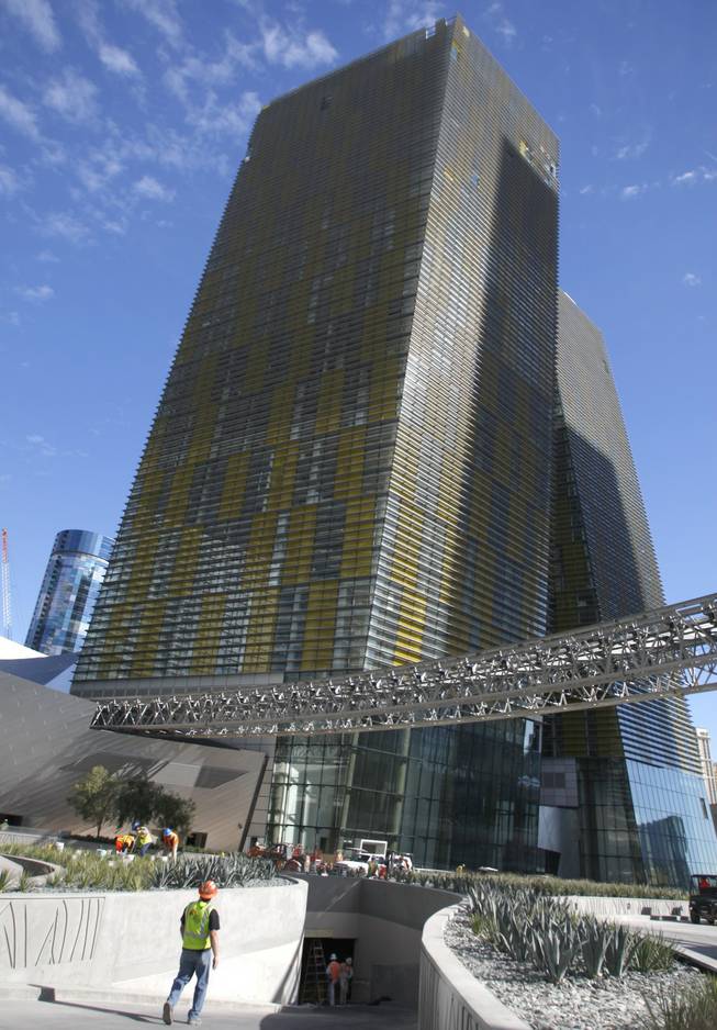 A worker heads down a road leading to one of the Veer Towers during a tour of MGM Mirage's CityCenter project Wednesday, Nov. 18, 2009. 