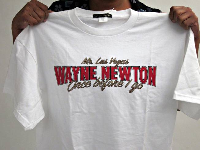 131. X-large, white T-shirt says "Mr. Las Vegas Wayne Newton, Once before I go."
