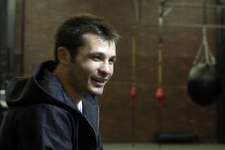 Bradley Blankenship smiles while answering questions during a workout at Top Rank Boxing Gym on Tuesday. Blankenship, who graduated from Sierra Vista in 2007, is preparing for his professional boxing debut.