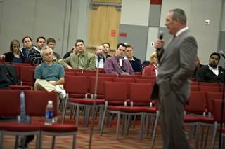 Former Oregon athletic director Bill Moos, a finalist for the vacant UNLV AD post, answers questions during a public forum on Monday afternoon at the Student Union.
