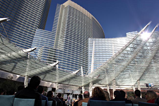 CityCenter President and CEO, Bobby Baldwin, bottom center, speaks during the opening of Aria at CityCenter in Las Vegas on Wednesday, Dec. 16, 2009. 