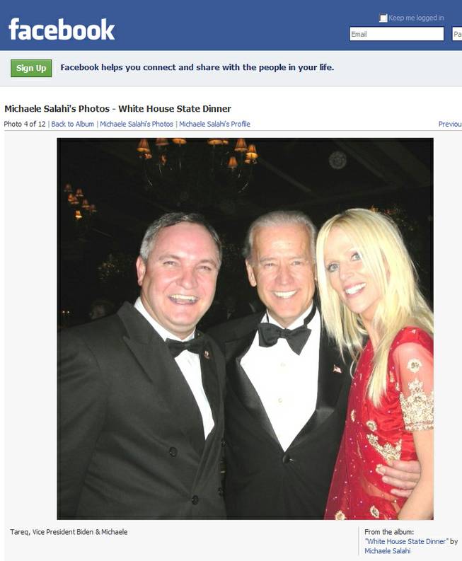 Tareq and Michaele Salahi crashed an invitation-only White House dinner last fall and posted their pictures from the event - including this one with vice president Joe Biden - on Facebook. The couple will host a party Jan. 16 at Pure Nightclub.