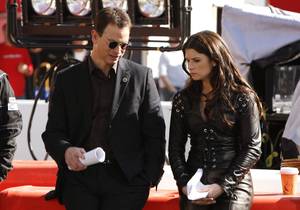 Gary Sinise talks with guest star Danica Patrick during the filming of "CSI: N.Y.," which aired Wednesday, Feb. 10, 2010.