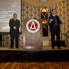 Thomas Bordeaux, senior transportation manager of Parsons Transportation, left, and Neil Cummings, president of American Magline Group speak to the Associated General Contractors luncheon Thursday at the Orleans about the progress of the maglev project and how it will impact construction jobs.