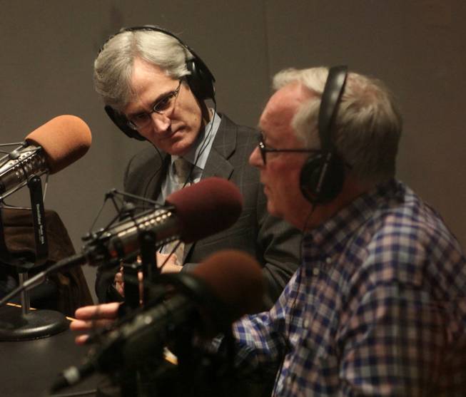 Clark County Commission Chairman Rory Reid, left, and former Chancellor Jim Rogers tape their "State of Nevada" radio show this week. 