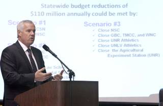Chancellor Dan Klaich outlines possible budget-cutting options during a special budget meeting of the Board of Regents at the College of Southern Nevada, Feb. 2, 2010. The Nevada System of Higher Education is facing a $37 million reduction in state funding as of March 1, and $110 million for the 2011 fiscal year. 