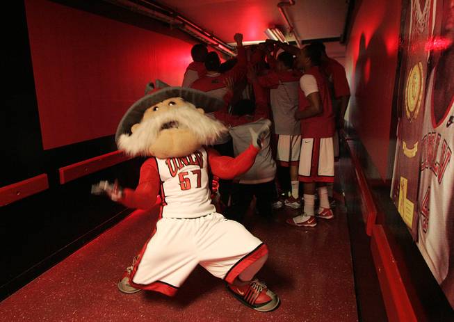 UNLV mascot, Hey Reb, and the Rebels' basketball team get ready for their game against BYU Saturday, Feb. 6, 2010, at the Thomas & Mack Center.