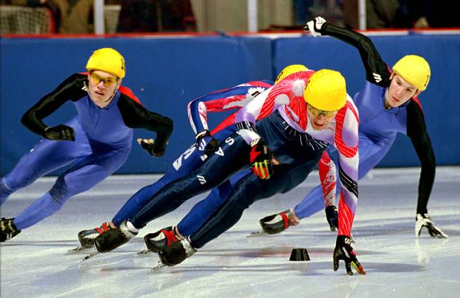 Summerlin resident Andy Gabel, foreground skates to first place Sunday, Jan. 18, 1998, during the men's 1,000 meter short track speedskating Olympic trials in Lake Placid, N.Y. 