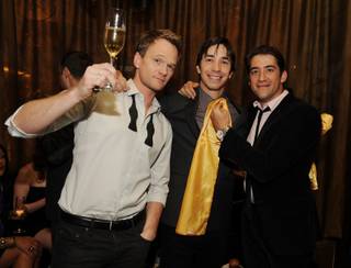 Neil Patrick Harris, Justin Long and Jonathon Longo attend a reception for the world premiere of Cirque du Soleil's Viva Elvis at Aria in CityCenter on Feb. 19, 2010.