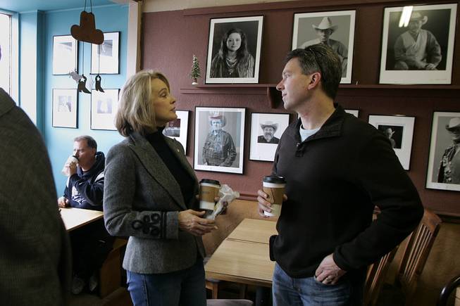 Sue Lowden talks with Jay Elquist during a stop at Cowboy Joe in Elko while campaigning on the Lincoln Day circuit in northern Nevada Saturday, February 20, 2010.
