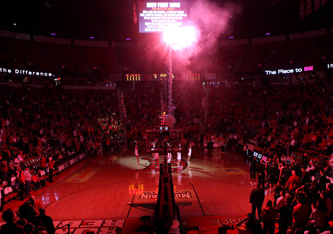 A look at the fireworks show during pregame introductions on Saturday at the Thomas & Mack Center prior to the UNLV basketball game against Colorado State.