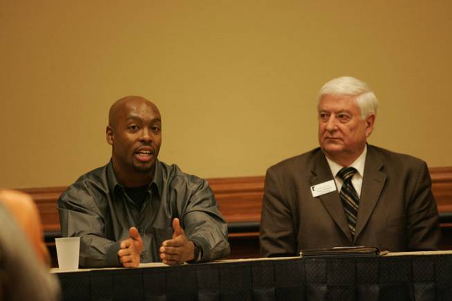 Mike Waters, president of Phase 1 Sports, makes a point during a presentation at the Feb. 19 Nevada's Center for Entrepreneurship and Technology Entrepreneur Expo at the South Point. At right is panelist Larry Moulton of Desert Community Bank.