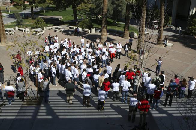 Students, alumni and staff gather in the courtyard of the student union in support of the Engineering Department during a budget rally Friday, March 5, at the UNLV campus.
