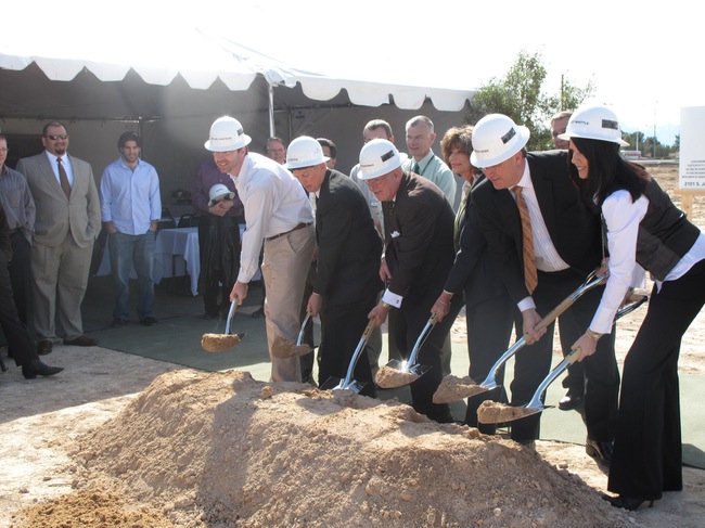 (Left) Michael Huntress, president of Acquest Development LLC, John Bright, medical center director of the Department of Veterans Affairs, Mayor Oscar Goodman, Democratic Rep. Shelley Berkley, Councilman Steven Ross and Shelley Whittle, principle of Recreation Development Company LLC shovel dirt at the groundbreaking ceremony of Las Vegas' new veterans' outpatient clinic Friday, March 5, 2010.