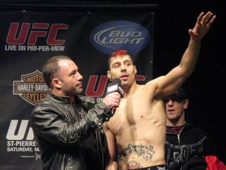 England's Dan Hardy is interviewed by Joe Rogan after making weight on Friday, March 26, 2010, at the Prudential Center in Newark, N.J., in advance of his UFC 111 fight against  Canadian welterweight champion Georges St. Pierre.