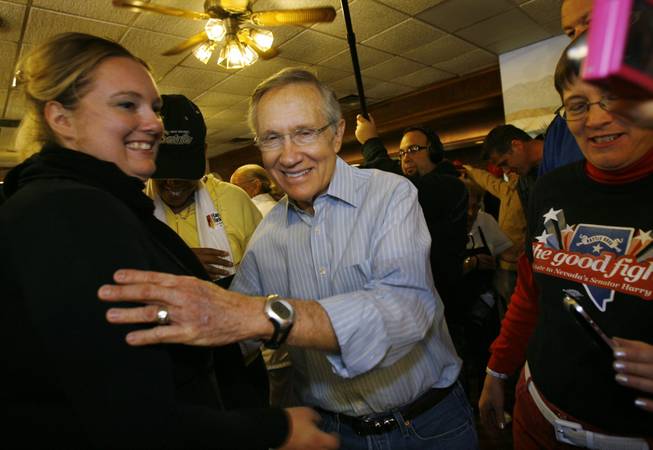 Senate Majority Leader Harry Reid, D-Nev., greets supporters in Searchlight on Monday, April 5, 2010. 