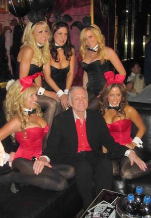 Hugh Hefner is surrounded by Playboy Bunnies during his 84th birthday celebration at the Palms on April 10, 2010.
