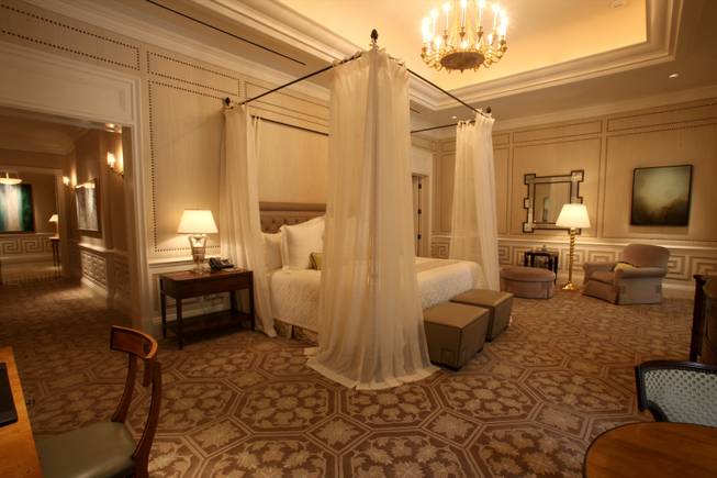 Each master bedroom in the Octavius Tower villas features a custom 8-foot by 8-foot bed. The Greek villa, shown here, is one of three at the Octavius Tower and is nearly 10,000 square feet.
