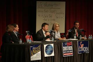 Chad Christensen answers a question Friday during a Republican debate sponsored by conservative talk radio station KDWN.