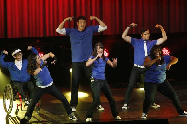 Kevin McHale, Jenna Ushkowitz, Cory Monteith, Lea Michele, Chris Colfer and Amber Riley, cast members of "Glee," perform during a concert to kick off a national "Glee" tour at Dodge Theater in Phoenix on Saturday, May 15, 2010.