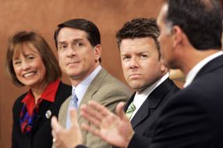 Sharron Angle, from left, John Chachas and Chad Christensen look on as Danny Tarkanian speaks during a debate among the Republican  U.S. Senate candidates on 