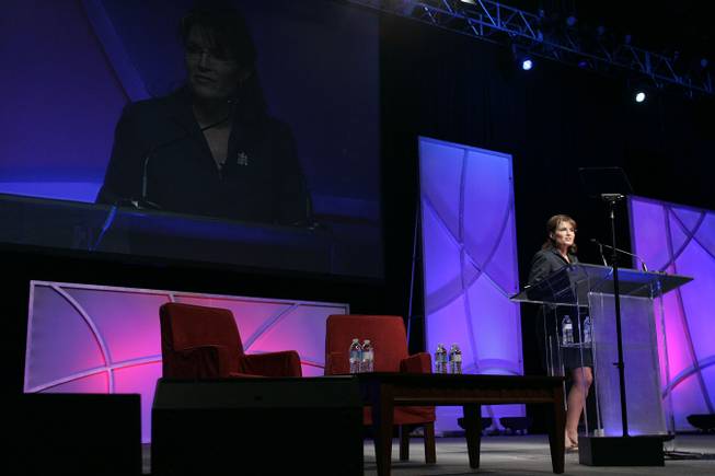 Fox television commentator Sarah Palin delivers a keynote address to the International Council of Shopping Centers convention Sunday, May 23, 2010.