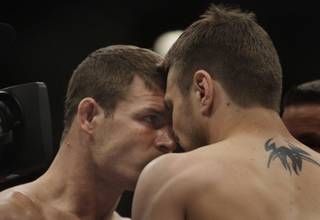 Michael Bisping, left, of England goes face to  face with Dan Miller of New Jersey before their middleweight bout during UFC 114 on Saturday at the MGM Grand Garden Arena. Bisping won by unanimous decision.