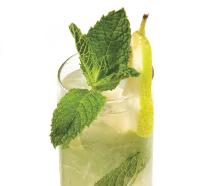 Leave it to mixologist Andrew Pollard to take an everyday pear cocktail and elevate it into something memorable. He employs the 80-proof Belvedere Citrus vodka (most flavored vodkas are 70-75 proof), fresh lemon juice and four to six mint leaves to contrast the sweetness of Domaine de Canton ginger liqueur, elderflower syrup and apple juice, then tops it all off with Sir Perry English-style pear cider.